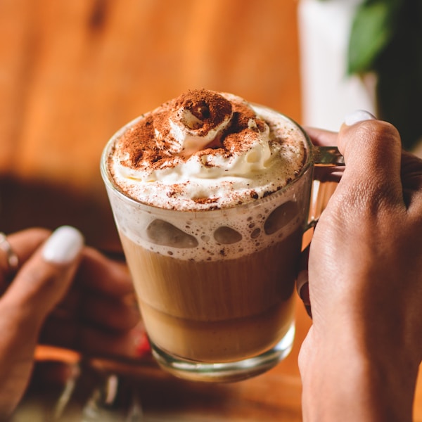 person holding mug with chocolate beverage and cream