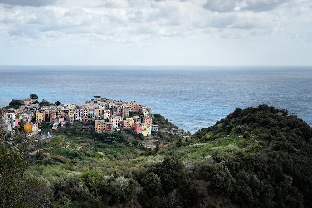 aerial photography of buildings on cliff overlooking sea