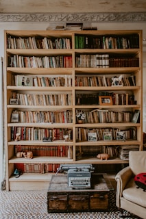 A large wooden bookshelf filled with an assortment of books, framed pictures, and decorative items like small sculptures. A vintage typewriter sits on an old wooden chest in front of a fabric armchair with a ladybug cushion on it. The floor is tiled with a mosaic pattern.