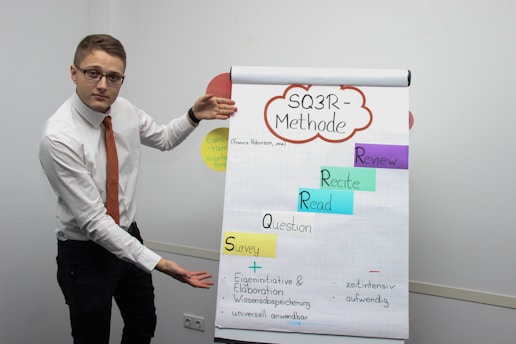 A man wearing glasses, a white shirt, and an orange tie is standing beside a flip chart. The flip chart displays the 'SQ3R-Methode' with the words Survey, Question, Read, Recite, and Review highlighted on different colored paper. The background is plain, and there are additional colored circles partially visible on the wall.