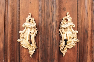 Two ornate gold door knockers with floral patterns are mounted on a rich, dark wooden door. The intricate design reflects light, highlighting their elegance and craftsmanship.