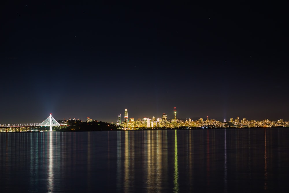 city skyline during night time