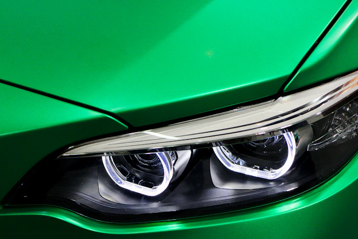 Close-up of headlights on a protected green car