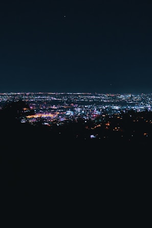 A panoramic shot of a famous global city skyline at night, showcasing vibrant lights and modern architecture.