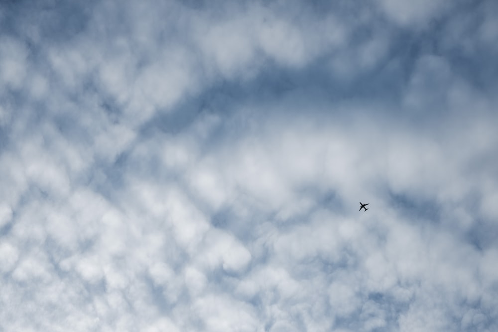 airplane flying under cloudy sky