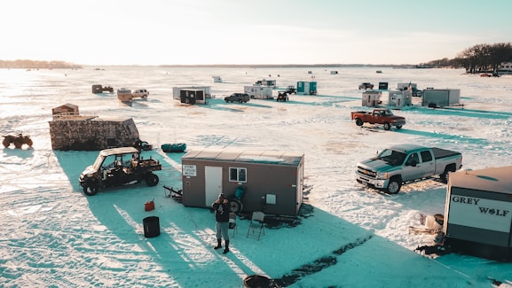 Ice fishing village on frozen Lake Simcoe in winter.