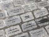 Engraved cobblestone bricks are laid out in a rectangular pattern. Each brick contains inscriptions of different names or phrases such as 'Amanda Wildi', 'Andrea & Pius Graf', 'HonorSingleMumSimoneJordanASE', and 'Familie Sandra-Noe-Lina'. The inscriptions are in black text on gray stones.