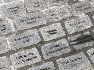 Engraved cobblestone bricks are laid out in a rectangular pattern. Each brick contains inscriptions of different names or phrases such as 'Amanda Wildi', 'Andrea & Pius Graf', 'HonorSingleMumSimoneJordanASE', and 'Familie Sandra-Noe-Lina'. The inscriptions are in black text on gray stones.