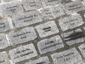 Engraved cobblestone bricks are laid out in a rectangular pattern. Each brick contains inscriptions of different names or phrases such as 'Amanda Wildi', 'Andrea & Pius Graf', 'HonorSingleMumSimoneJordanASE', and 'Familie Sandra-Noe-Lina'. The inscriptions are in black text on gray stones.