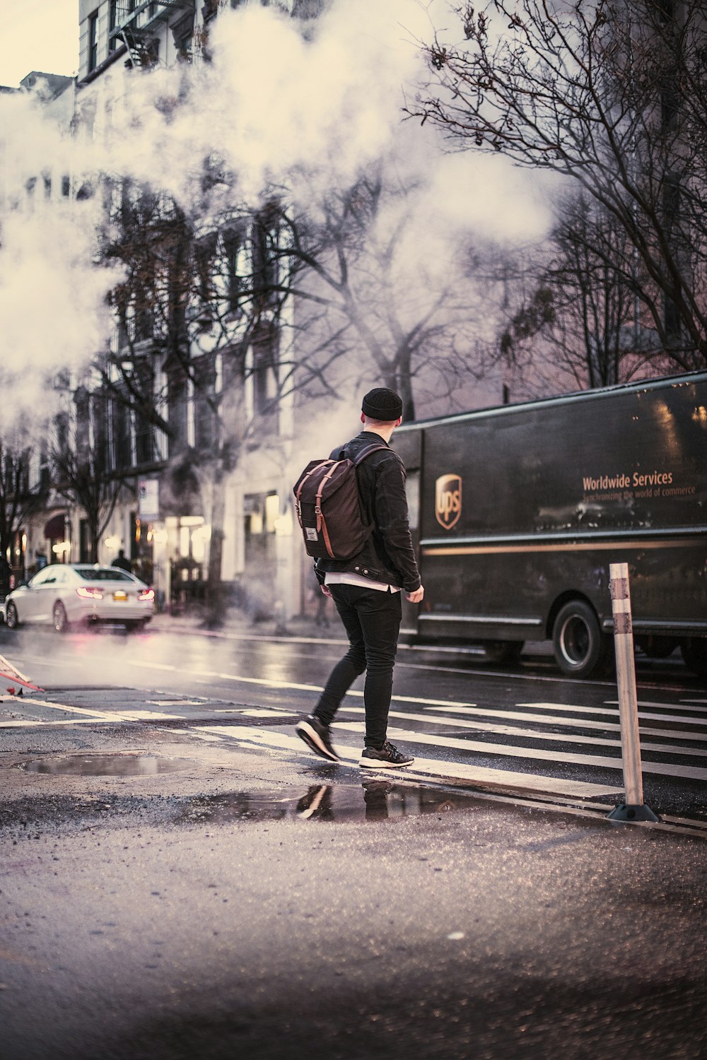 man crossing road