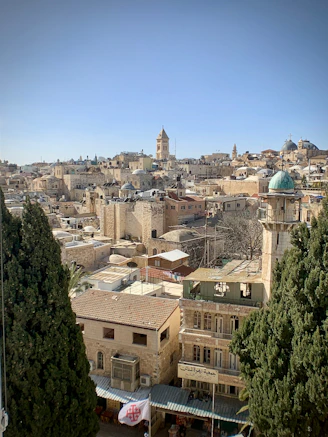 A vibrant view of Mardin's historic stone buildings under a clear blue sky, showcasing the city's unique architecture.