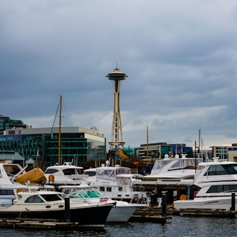 A harbor scene featuring numerous docked boats and yachts in the foreground. In the background, modern buildings and the iconic Space Needle tower over the scene under a cloudy sky.
