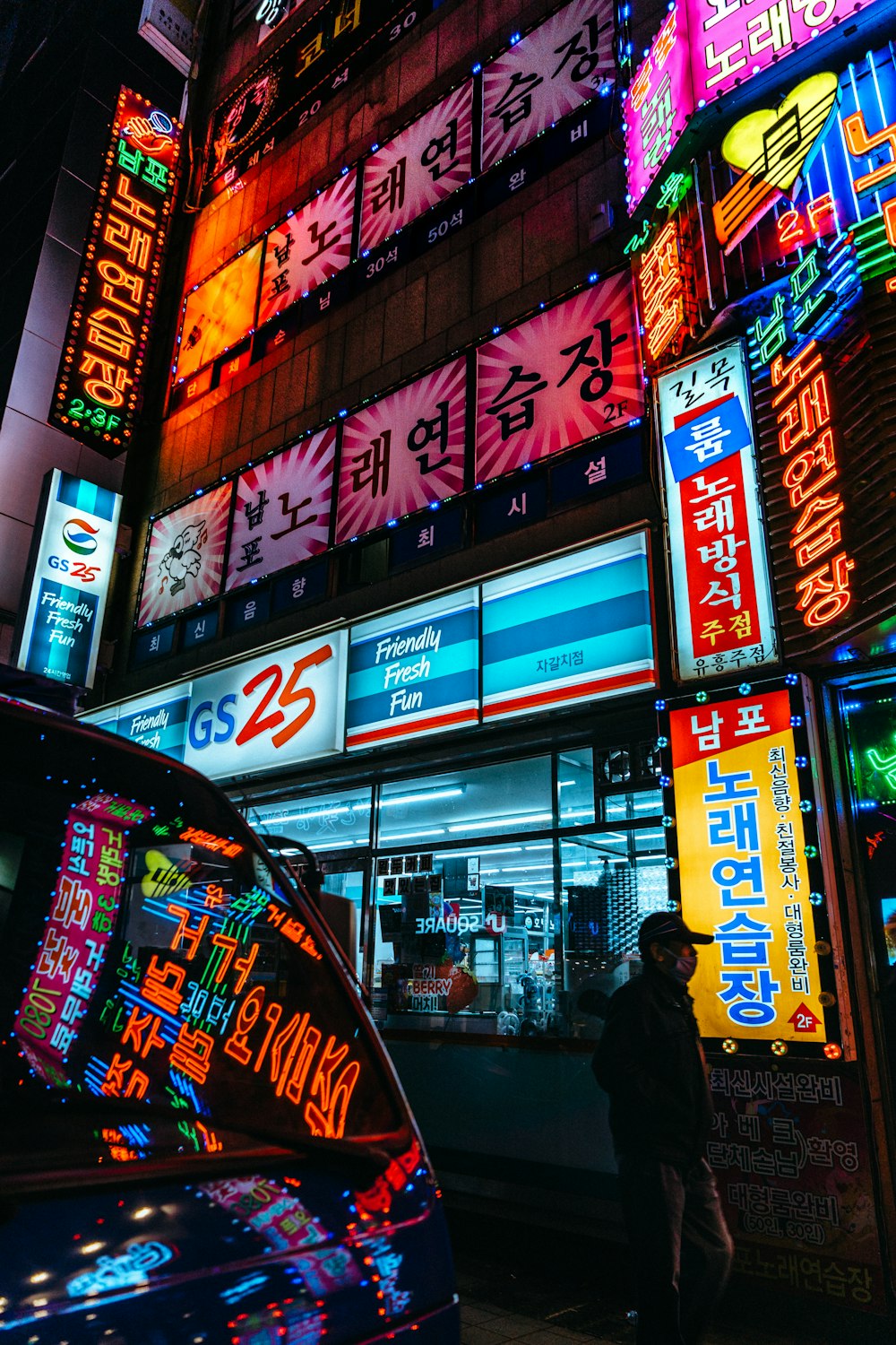 man standing near LED signages