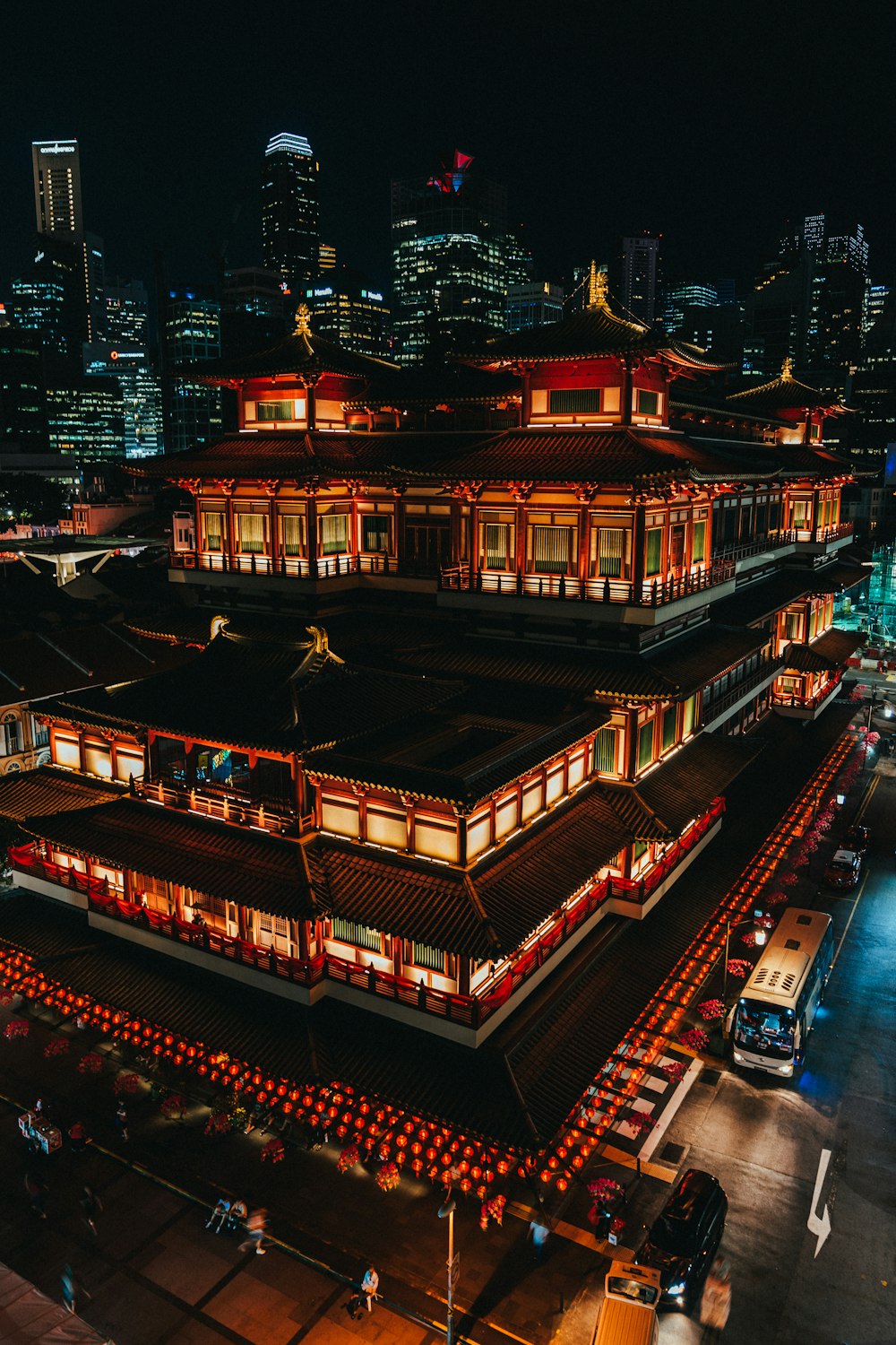 red lighted temple at night