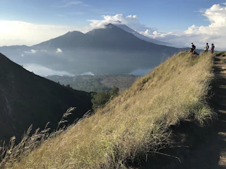people standing at the peak of mountain