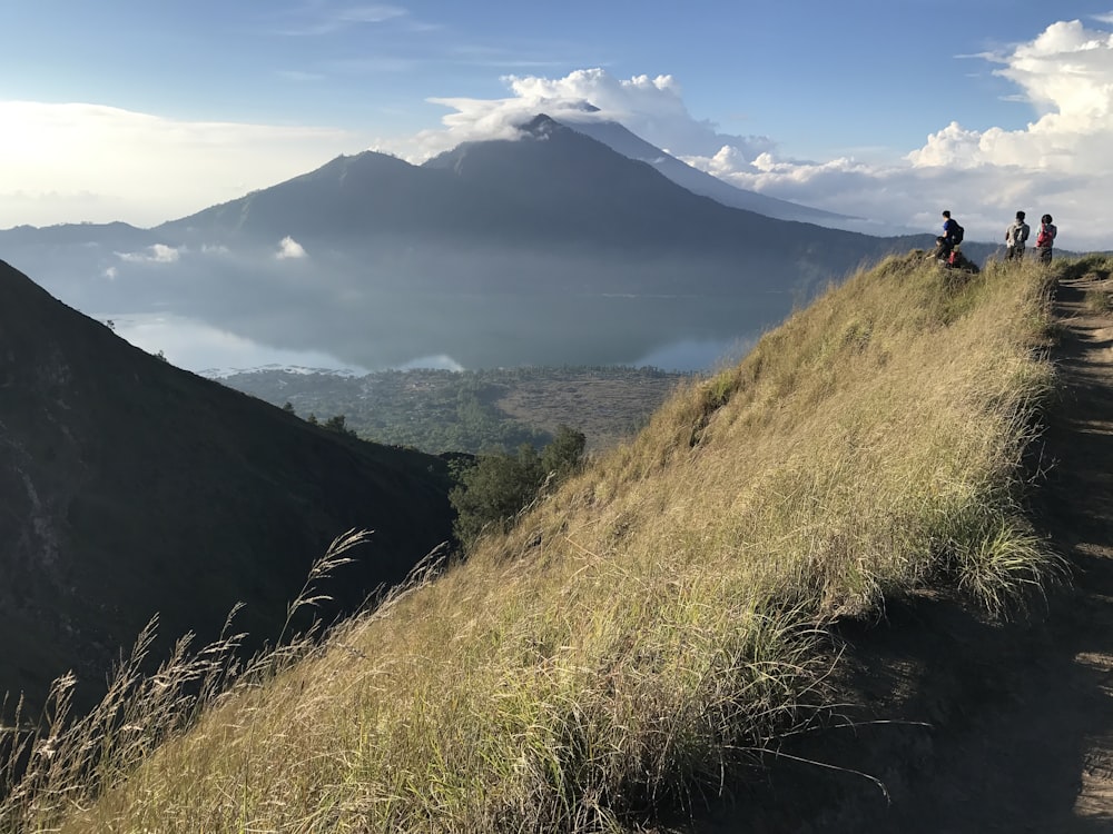 people standing at the peak of mountain