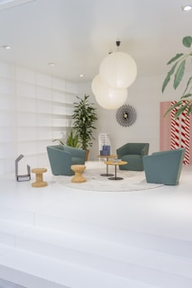 three blue armchairs