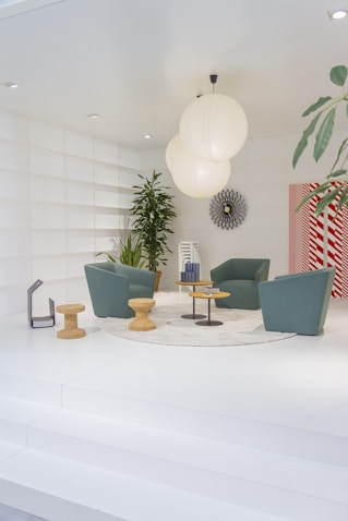 three blue armchairs