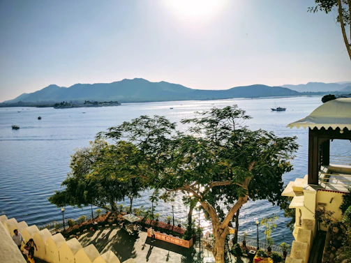 A serene view of the Müritz lakes with workshop attendees discussing ideas by the water’s edge.