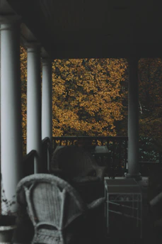A sunlit porch with rocking chairs overlooking a rustic southern garden in early autumn.