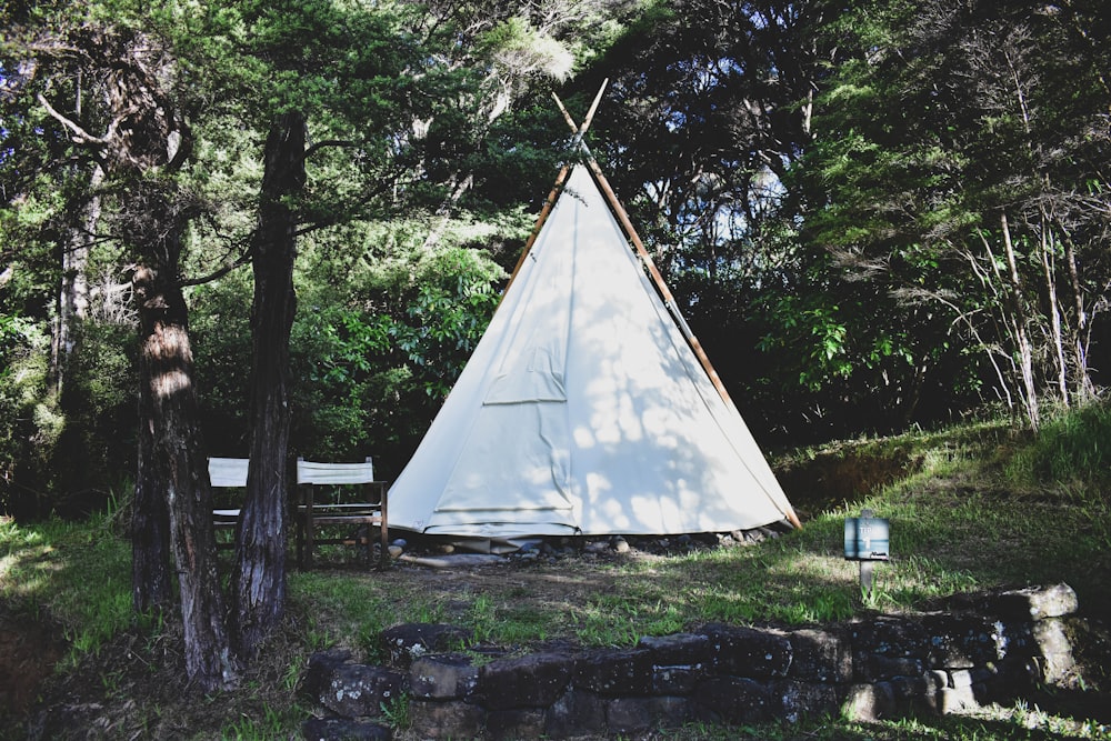 white tent under green trees