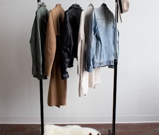 five jackets on clothes rack