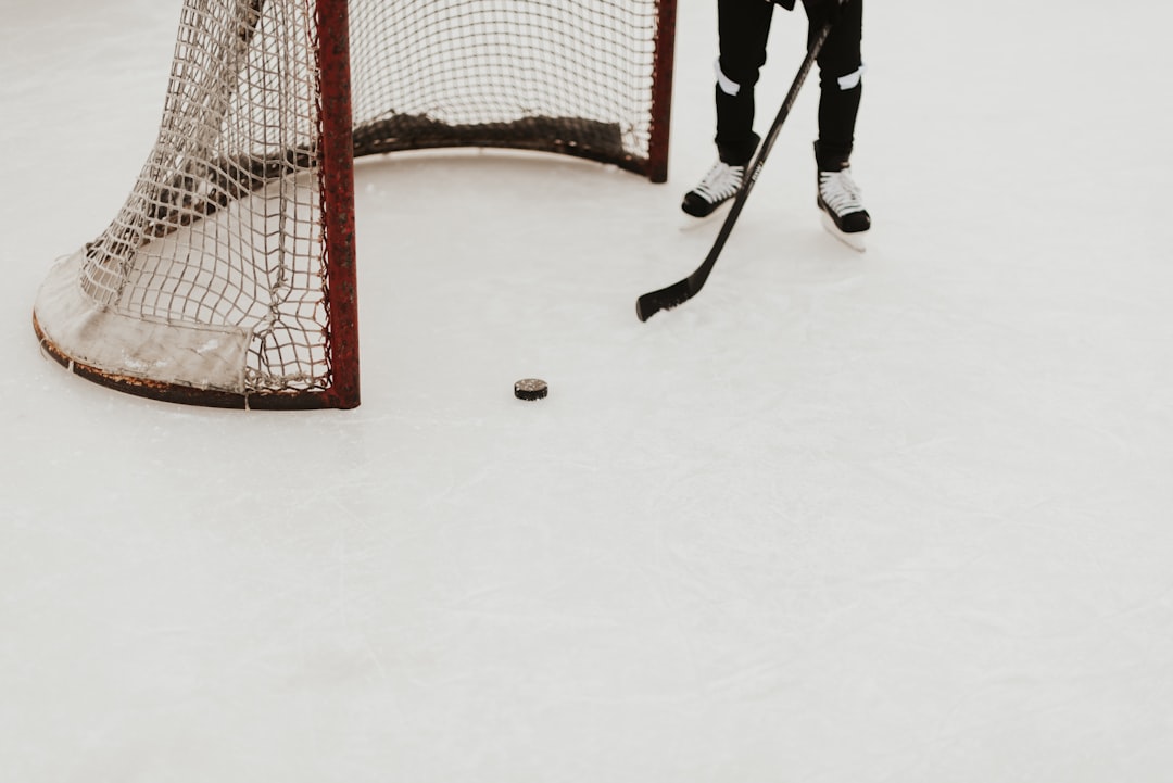 Hockey skater, puck and stick at goal