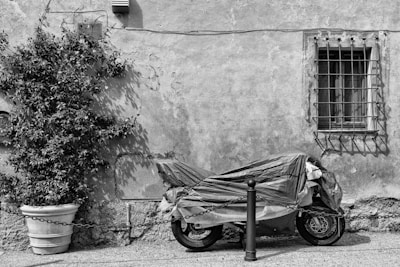 grayscale photo of motorcycle