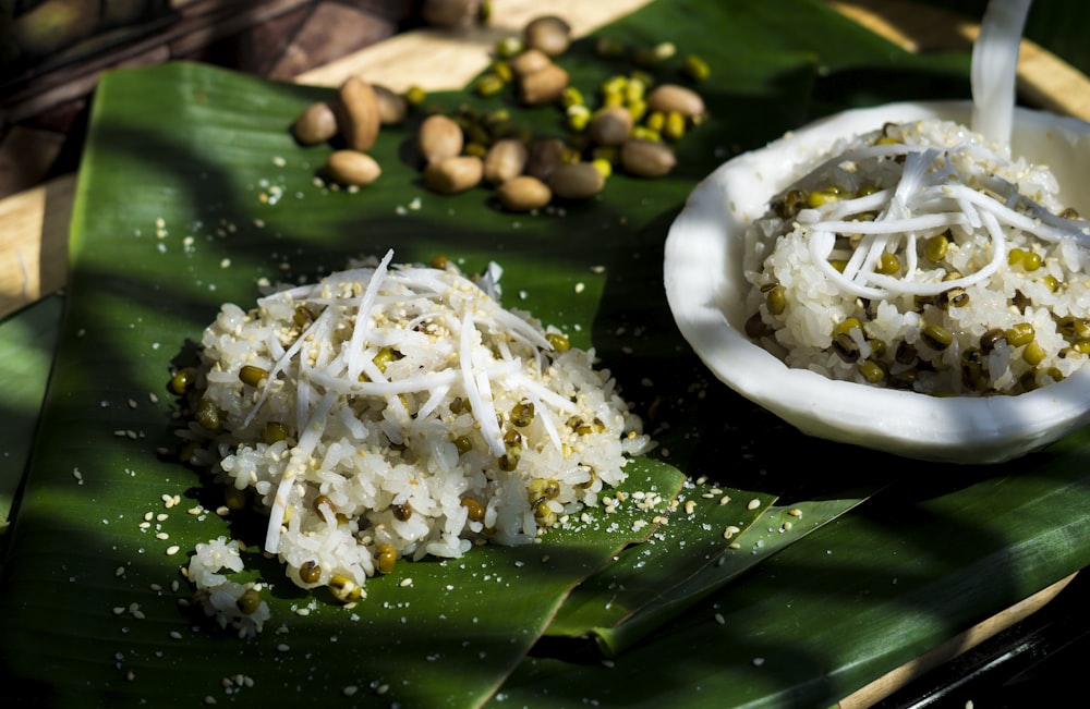 rice and beans on banana leaf