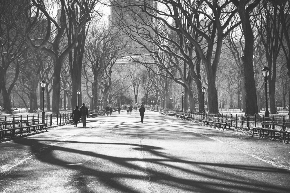 grayscale photography of people walking on road