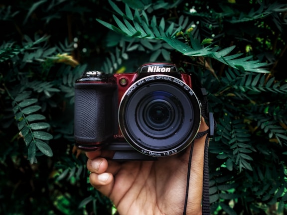 A hand is holding a Nikon camera surrounded by lush green foliage. The camera has a clear, wide lens, and the scene provides a striking contrast between the mechanical equipment and the organic environment.