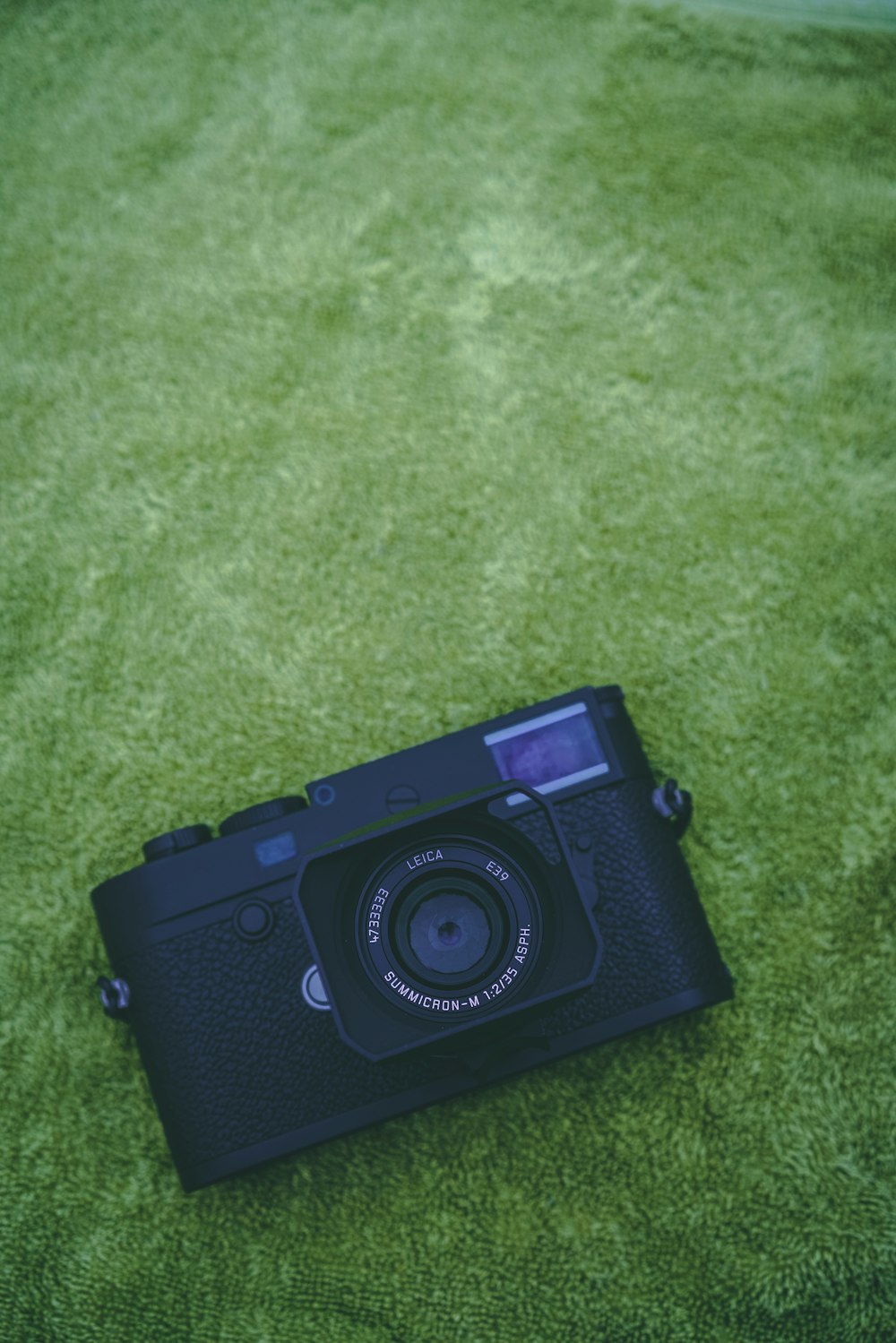 black point-and-shoot camera on green surface