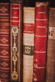 A collection of vintage books with ornate spines in various shades of red and brown. The titles and authors, such as A. France and Lamartine, are embossed in gold lettering, adding a sense of history and classic elegance to the scene.