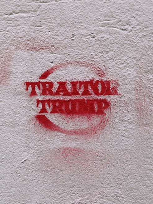 Red graffiti text reading 'TRAITOR TRUMP' is spray-painted on a rough, light-colored concrete wall.