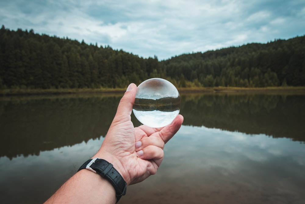 person holding clear ball