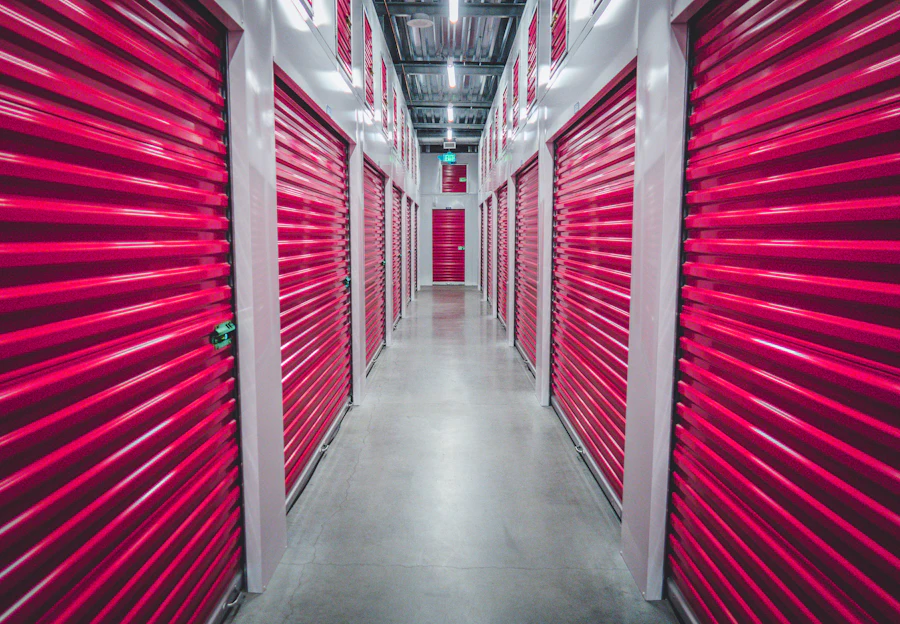 A row of self-storage units with roller shutter doors