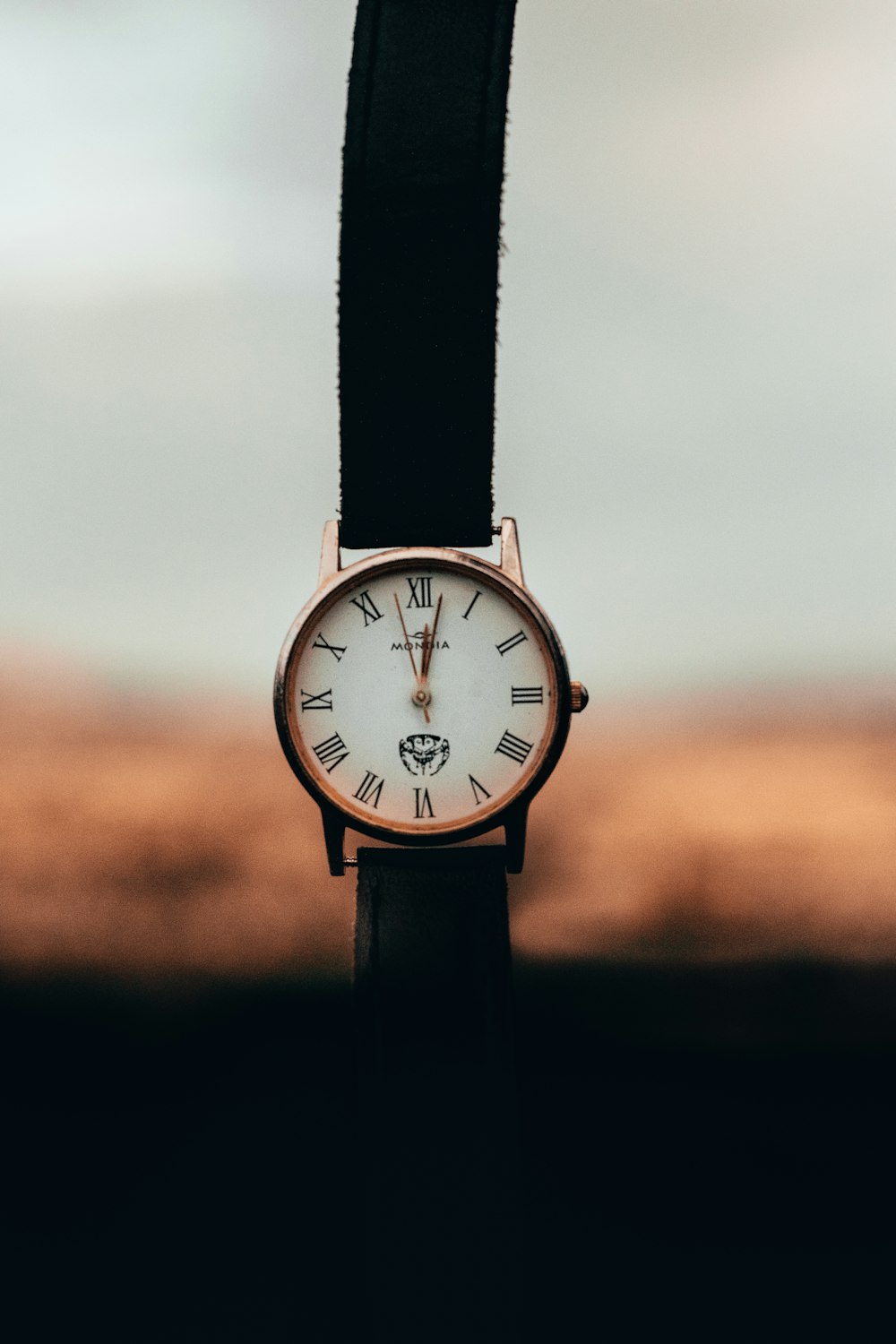 round gold-colored analog watch