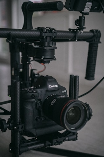 A sleek handheld camera rig set up for a dynamic street filming scene.