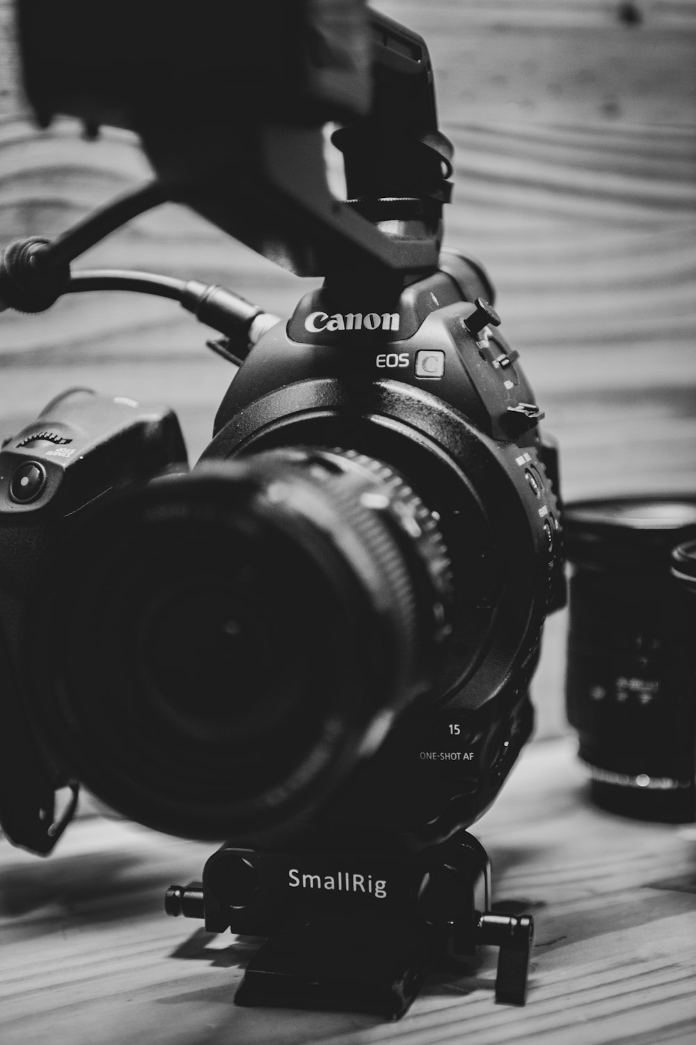 grayscale photo of Canon DSLR camera