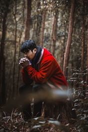A person dressed in a bright red jacket sits on a tree stump in a dense, atmospheric forest, appearing contemplative. The background is filled with tall trees and soft, muted foliage.