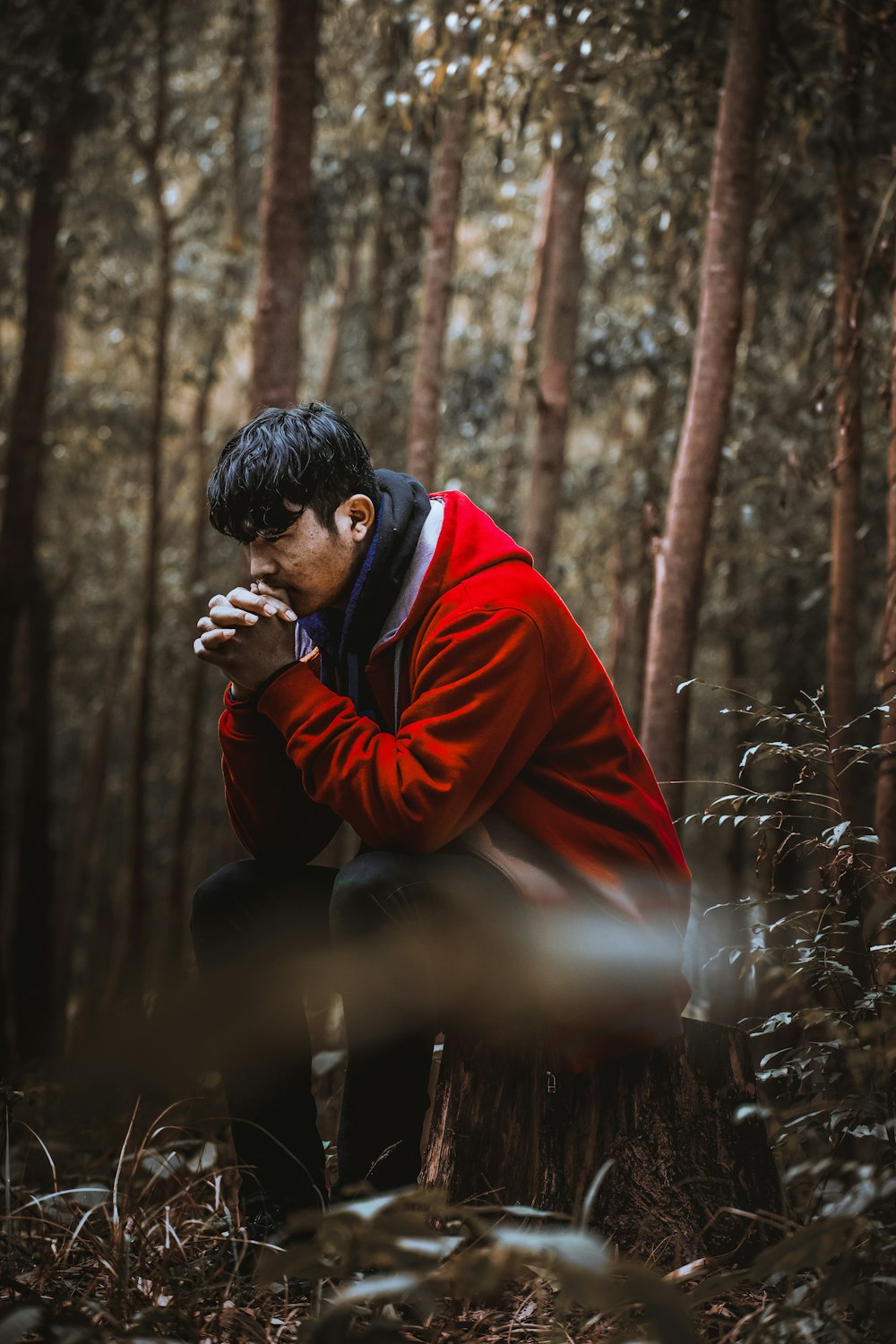 man sitting in the middle of forest