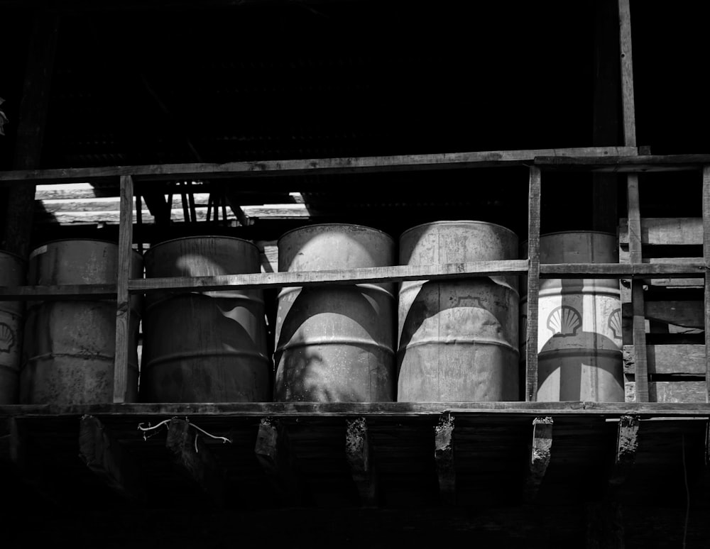 grayscale photo of drums