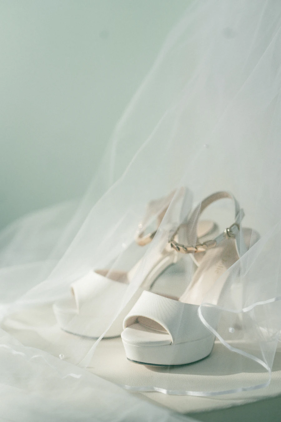 Bride holding a detailed wedding dress