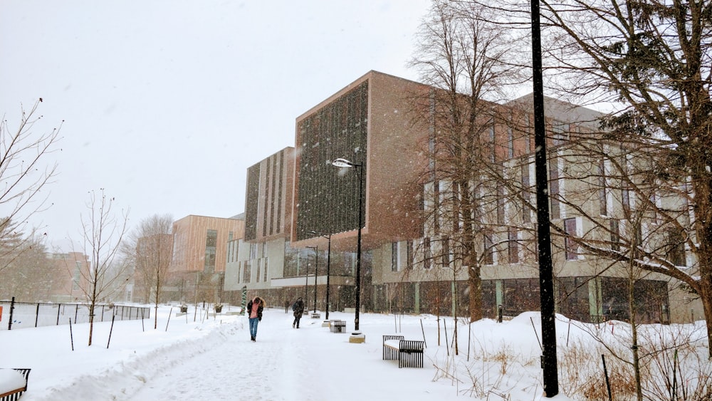 people walking on snowy road