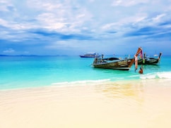 two brown boats on seashore