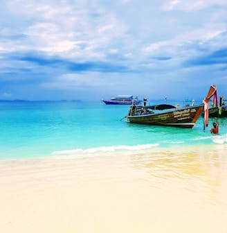 two brown boats on seashore