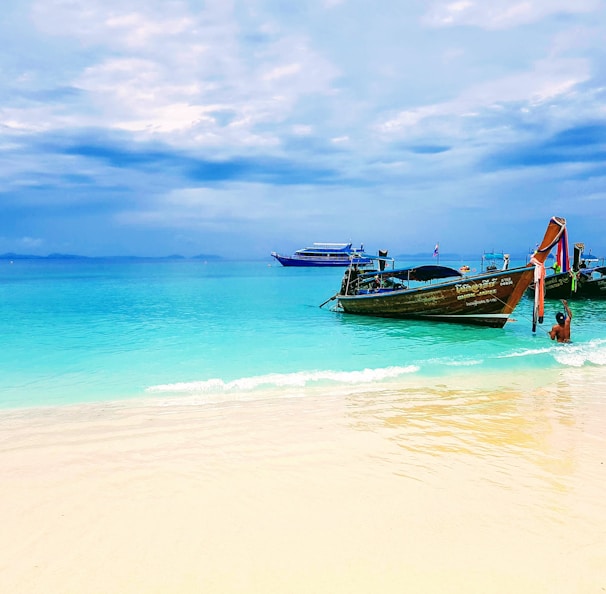 two brown boats on seashore