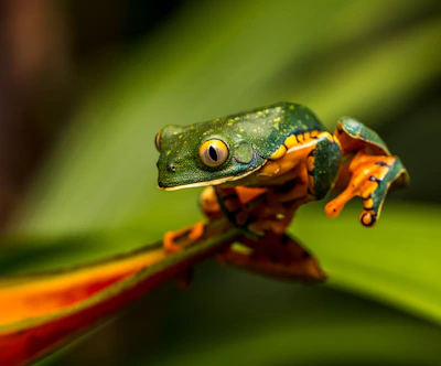 Close-up of a vibrant green tree frog perched on a leaf with dew drops.