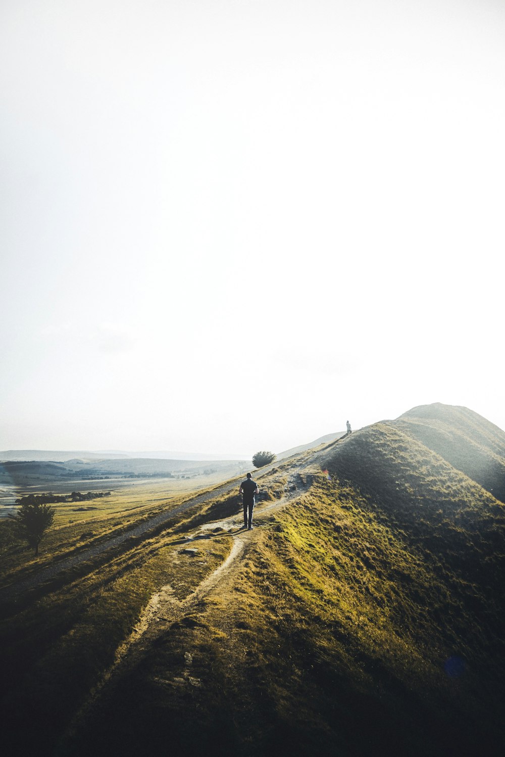 man walking on green mountain