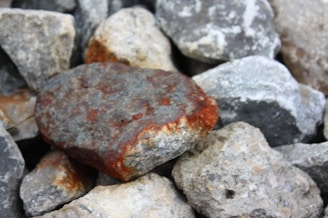 A collection of rocks with one prominently rust-colored stone in the foreground, surrounded by various gray and white stones. The surface textures vary, with some stones appearing smooth while others are rough.